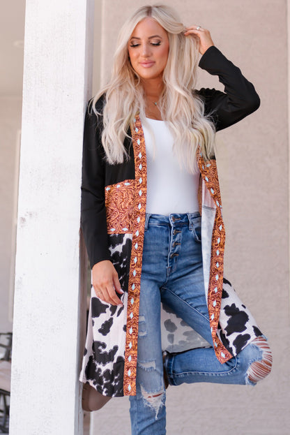 Printed Color Block Open Front Cardigan