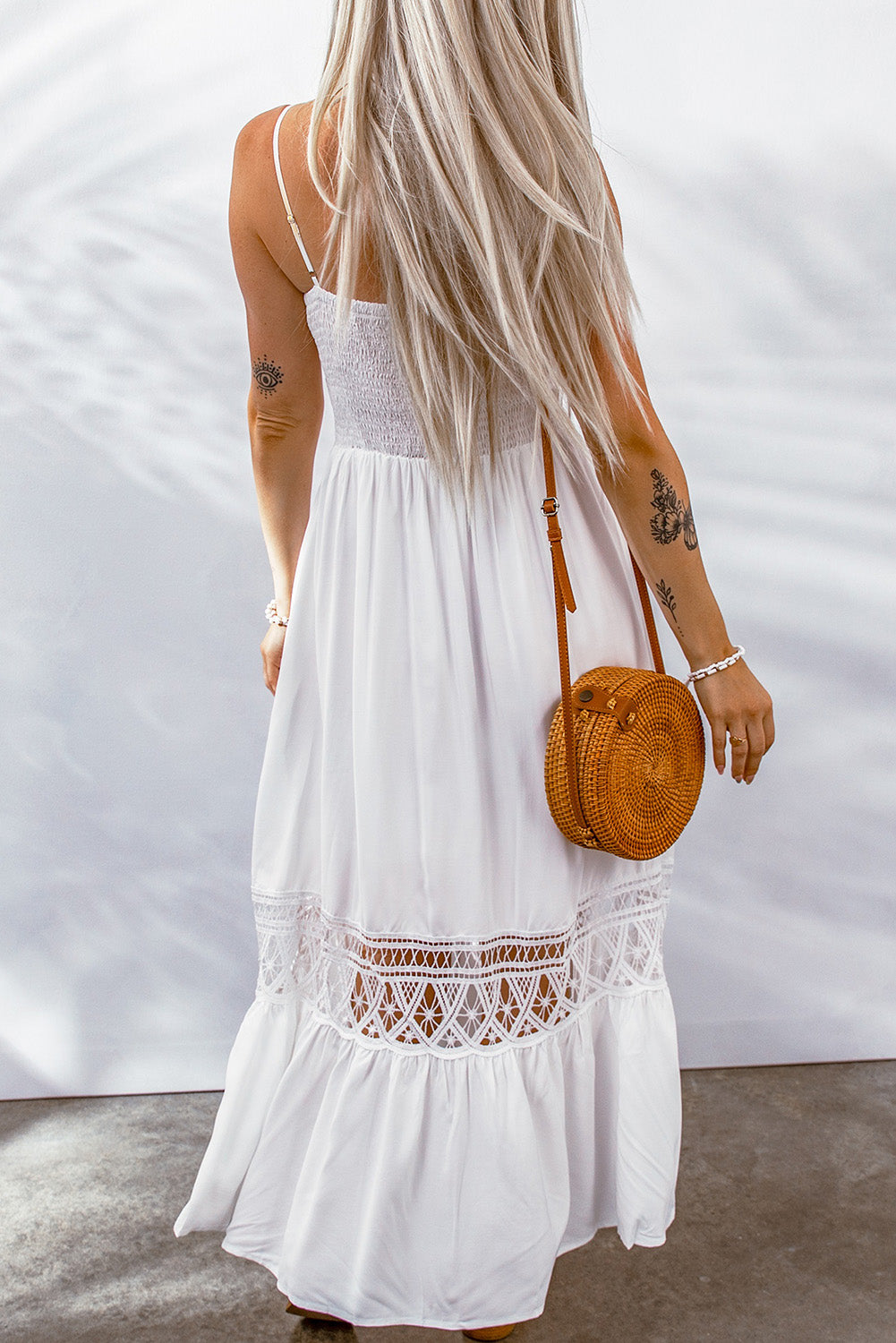 White Lace Splice Button Decor Spaghetti Strap Maxi Dress