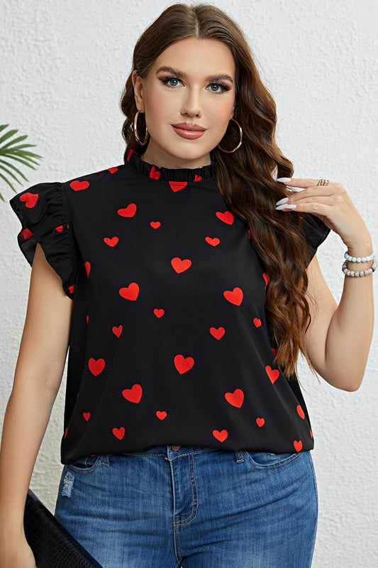 Top con cuello simulado y manga de mariposa con estampado de corazones de talla grande