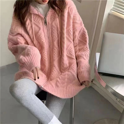 Pull mi-long à capuche et fermeture éclair pour femme