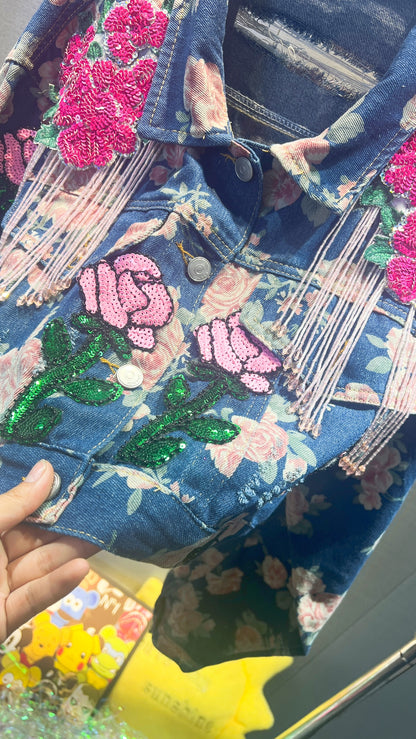 Chaqueta vaquera corta holgada bordada para mujer