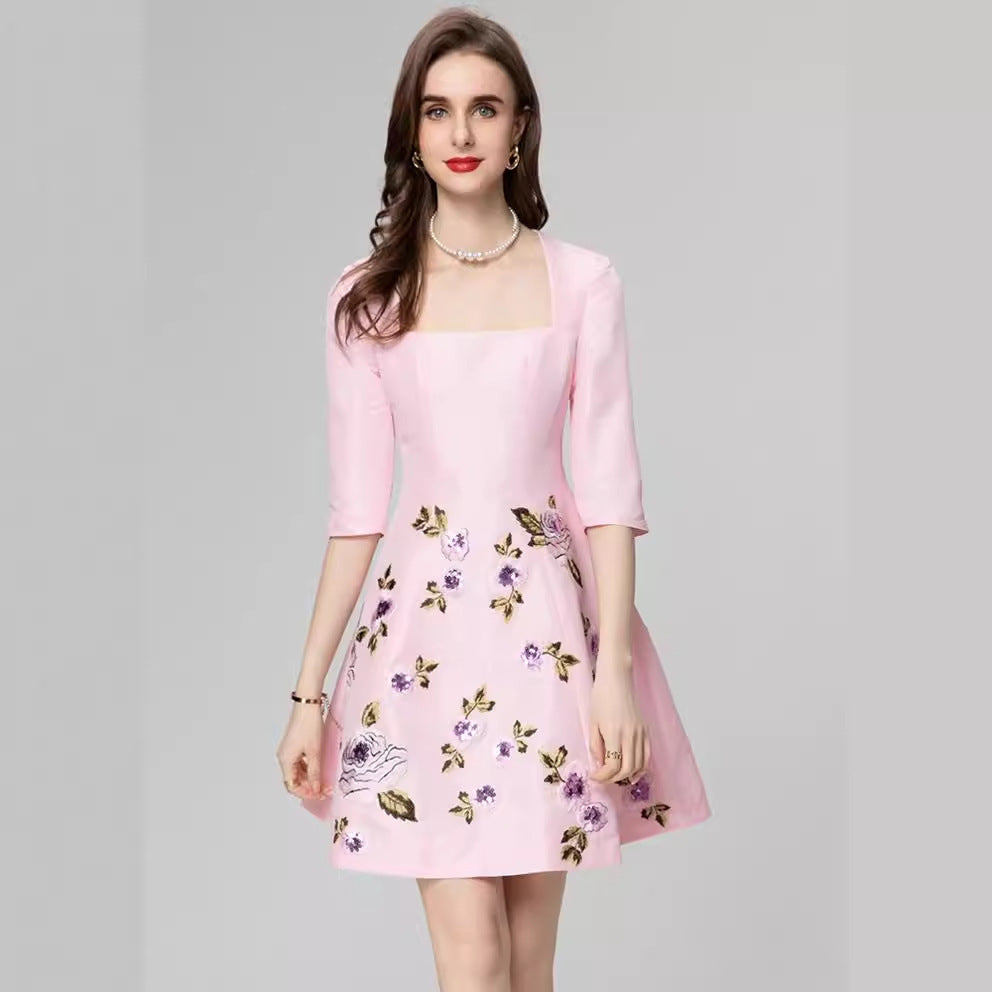 Exquisite Embroidered Flowers Half Sleeve Skirt Dress