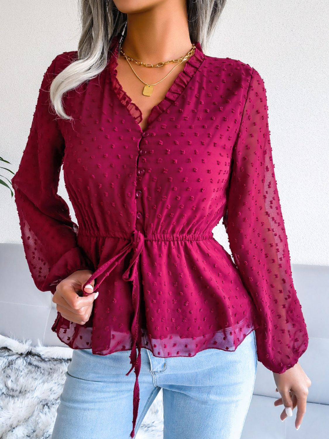 Swiss Dot Frill Trim Drawstring Waist Peplum Blouse