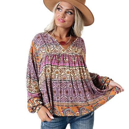 European And American Women's Clothing New Top Bohemian Multicolor Printed Casual Shirt V-neck Puff Sleeve Pullover