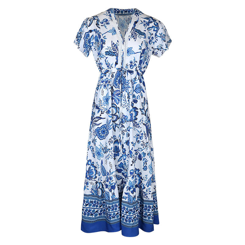 Robe amincissante à imprimé bleu européen et américain pour femmes