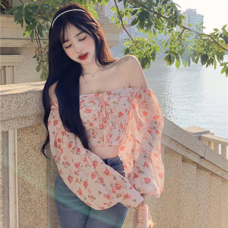 Puff Sleeve Square Neck Floral One Shoulder Chiffon Shirt Women's