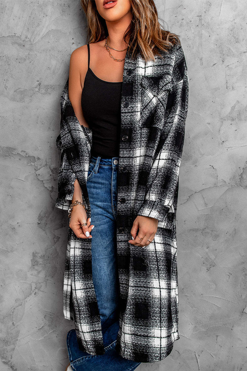 New Women's Mid-length Loose Lapel Cardigan Plaid Shirt