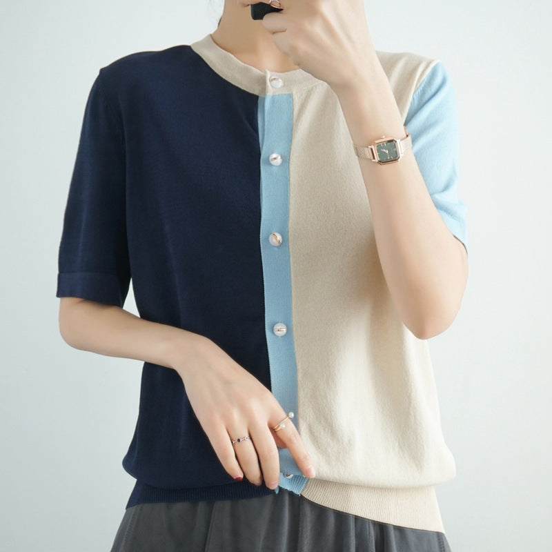 Color Block V-neck Air-conditioning Shirt Solid Color Short Coat Top