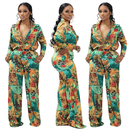 Casual Fashion Digital Printed V-neck Women's Two-piece Suit