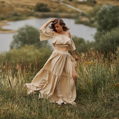 Traje de falda larga de algodón estilo bohemio traje de falda de fotografía dos en uno sin cuello