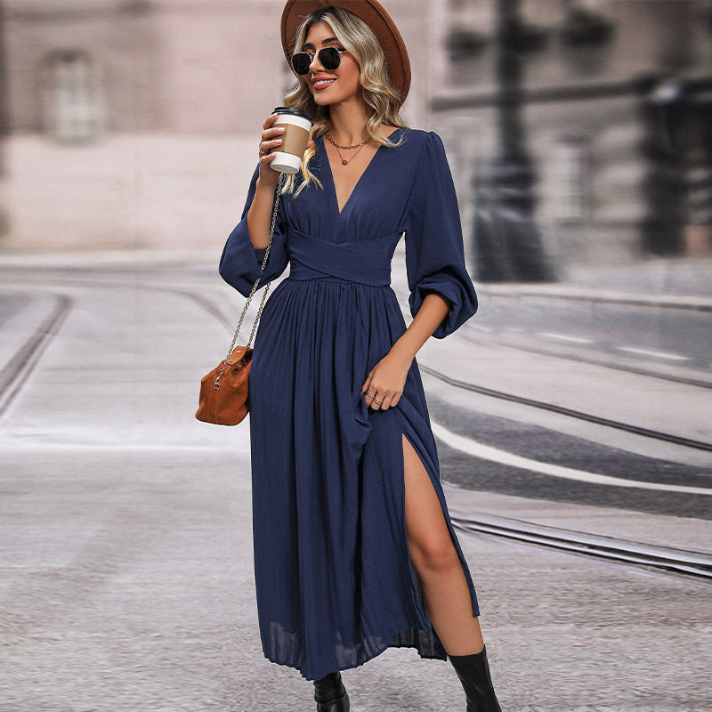 Robe longue de couleur unie à manches longues pour femmes