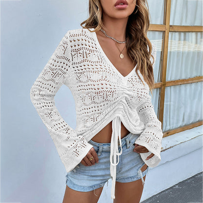 V Neck Drawstring Flare Sleeve Sweater