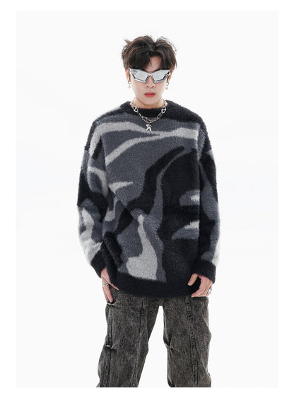 Zebra Pattern Hema Round Neck Pullover Keep Warm Sweater