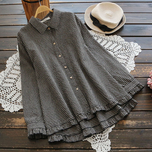 Cotton And Linen Ruffled Plaid Lapel Long-sleeved Shirt