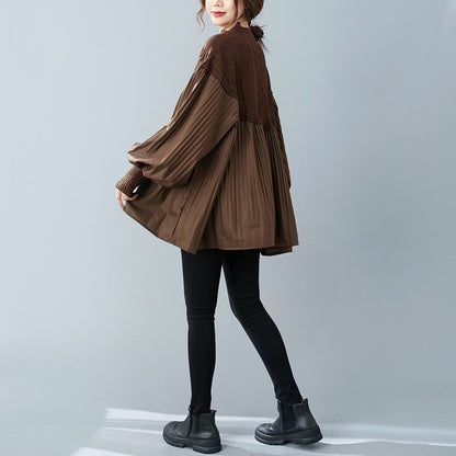 Loose, Thinlarge Size Western Styleage Reductionknitted Stitching Lantern Sleeve Shirtwomen