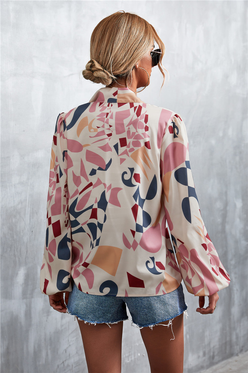 Printed Tie Neck Puff Sleeve Blouse