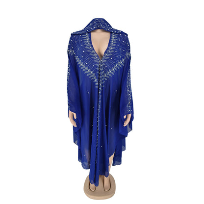 Women's Fashion Rhinestone Beaded Chiffon Hooded Gown