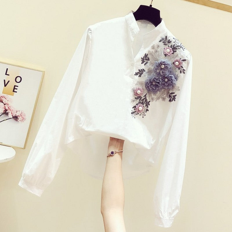 V-neck Long-sleeved Shirt Women Casual All-match White Shirt