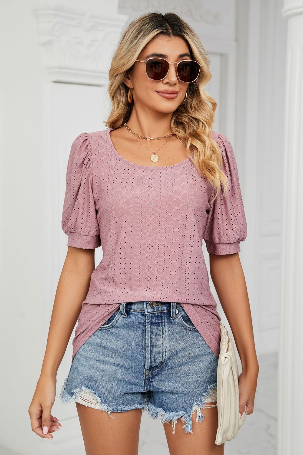 Eyelet Puff Sleeve Round Neck Top