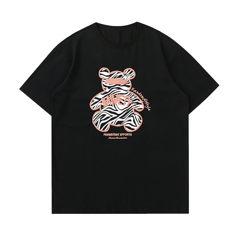 Camiseta de manga corta para hombre con estampado tridimensional de oso cebra suelta de algodón puro