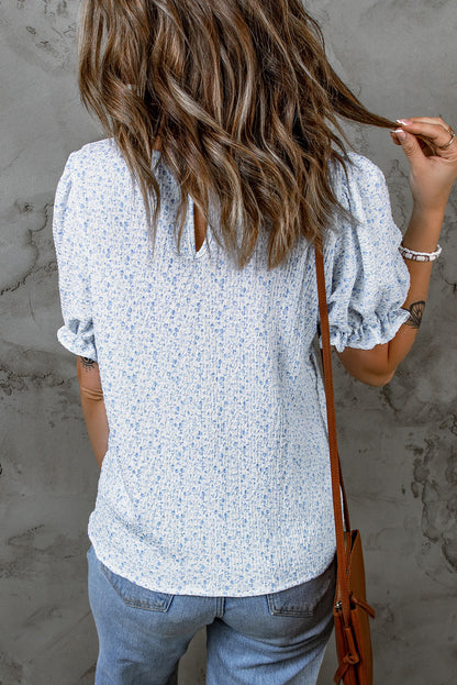 Printed Round Neck Half Flounce Sleeve Top