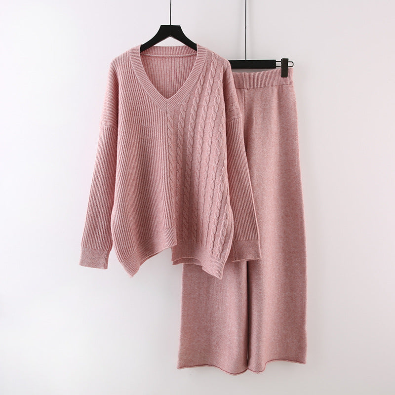 Solid Color And V-neck Sweater Autumn And Winter New Loose Casual Knitted All-matching Wide Leg Pants Two-piece Suit