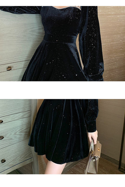 Shirt Neck Velvet Dress Cut-out Beaded Mesh