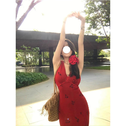 Vestido rojo con escote en V y cintura de verano para mujer