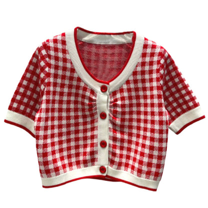 Women's Red And White Check Contrast Knitted Cardigan Coat