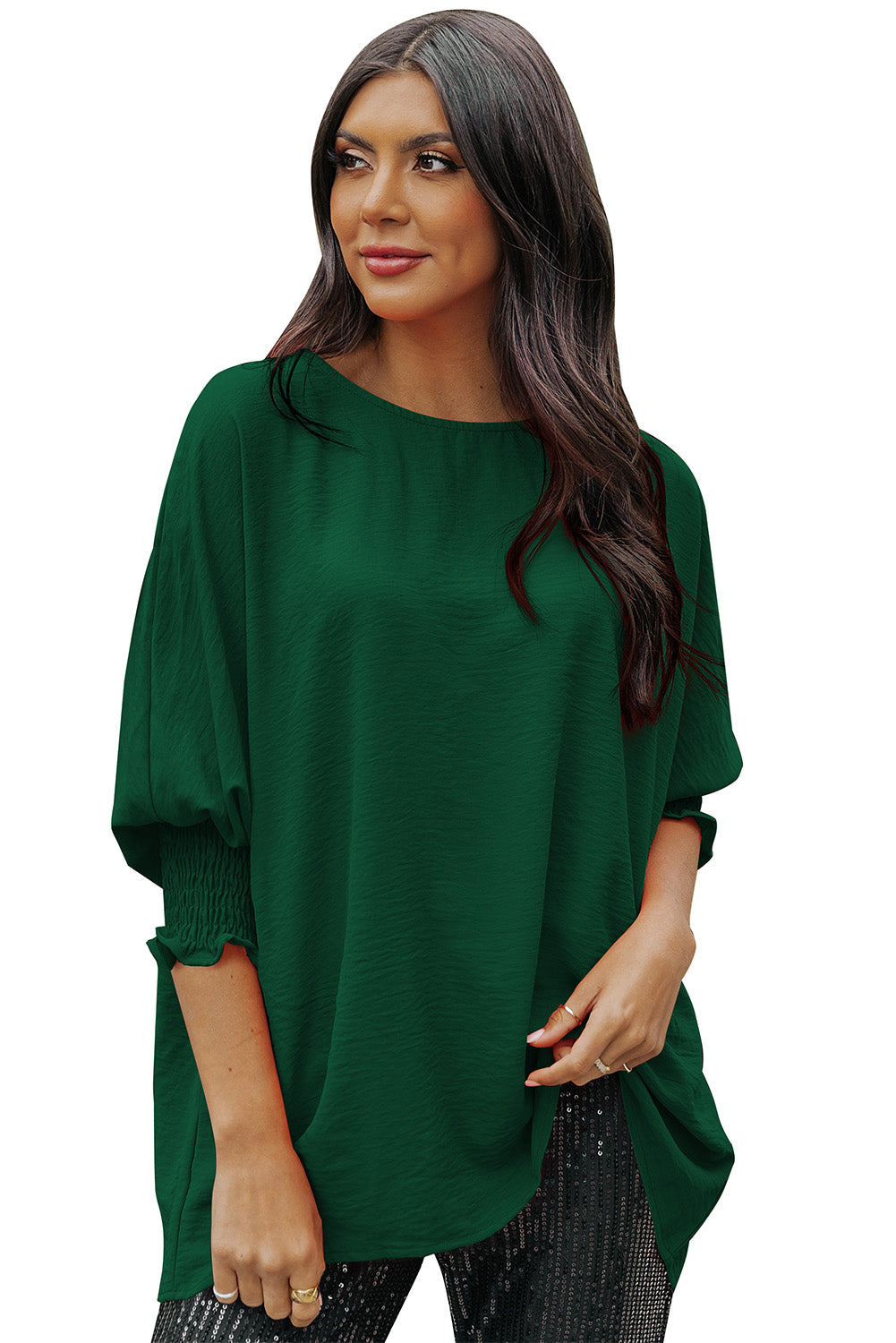 Green Casual Shirred Cuffs Half Sleeve Top