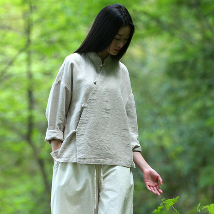 Hemp Plain Buttoned Top High Quality Retro Chinese Style Zen Tea Clothes Women