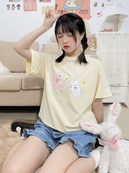 Flying Bear Soft Cute Girl Soft Sister Print Cute Lace Short-sleeved T-shirt