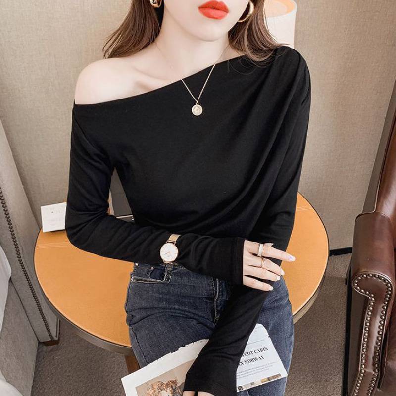 Pleated Collarbone Off-shoulder Shoulder-baring Top Slimming Inspirational Bottoming Shirt