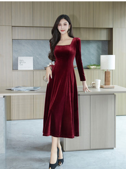 Women's Elegant Temperament Square Collar High-end Velvet Slim Fit Long Sleeve Dress