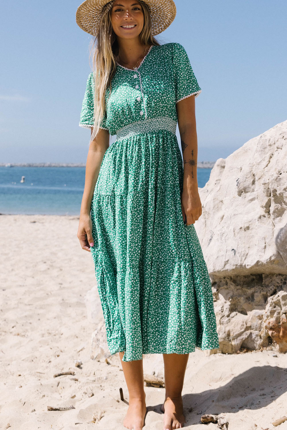 Green Floral Print Lace Splicing Flared High Waist Midi Dress