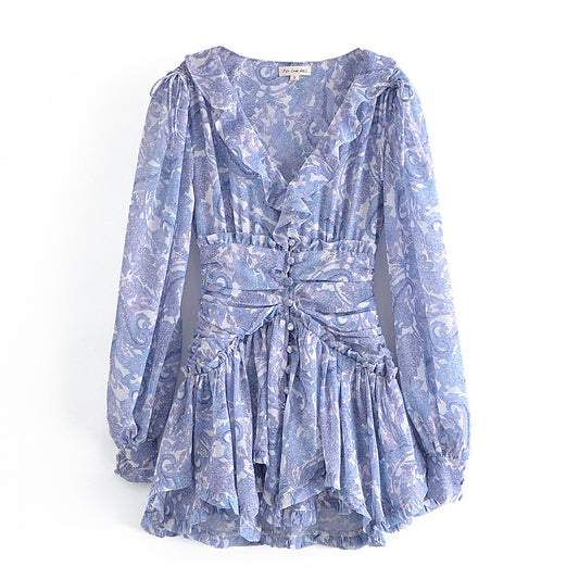 New European And American Retro Fairy Floral Long-sleeved Dress