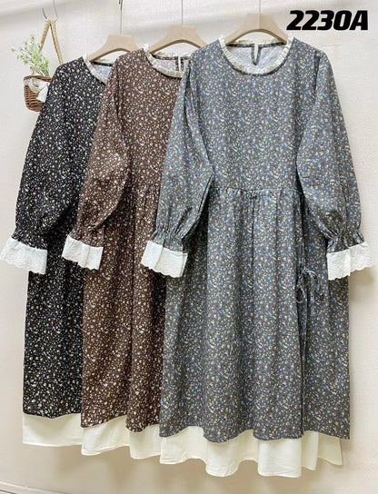 Robe ample et décontractée en Patchwork pour femmes, fausse robe florale deux pièces à manches longues