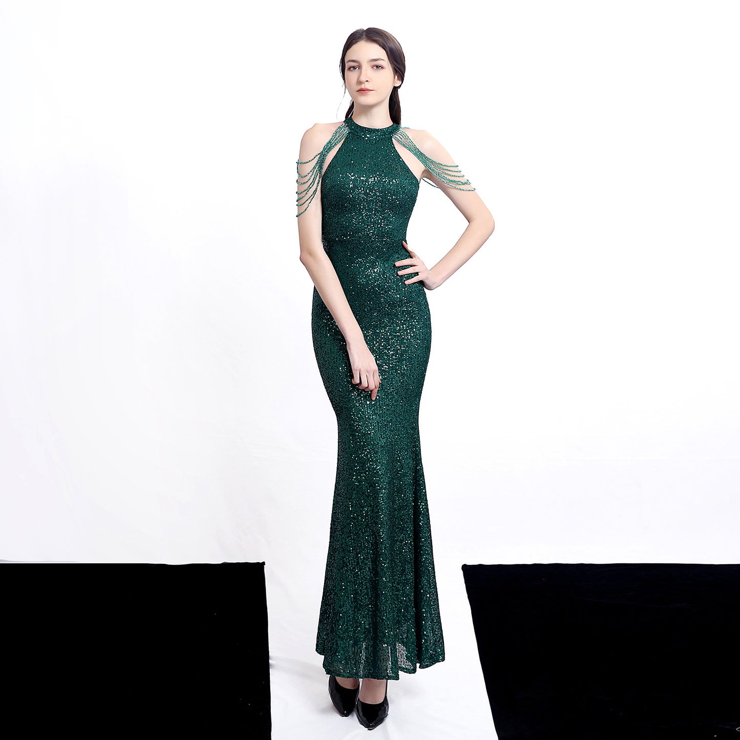 Banquet Temperament Elegant Long Halter Set Diamond Sequined Aura Queen Fishtail Evening Dress