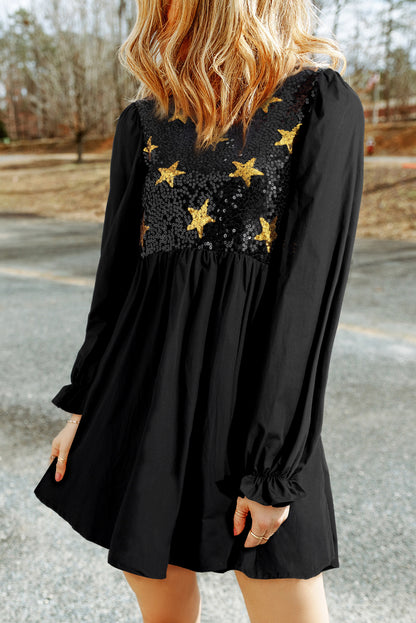 Vestido babydoll con volantes y mangas con volantes y estrellas de lentejuelas negras