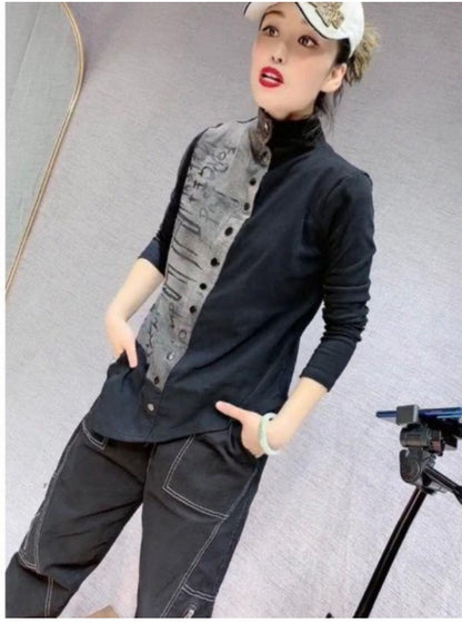 Printing Stand-up Collar Long-sleeved Korean Style All-match Blouse