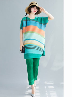 Korean Style Slim Top Plus Size Loose Rainbow Stripe