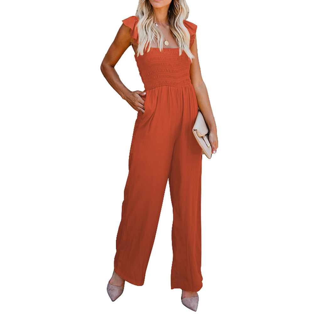 Summer Solid Pocket Casual Loose Wide Leg Jumpsuit