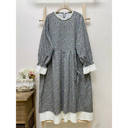 Women's Loose Casual Patchwork Fake Two-piece Long Sleeve Floral Dress