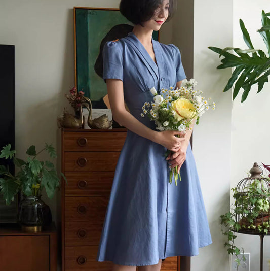 Vestido retro de algodón y lino, cintura adelgazante, escote en V, falda larga de papel oscilante grande, falda tipo paraguas