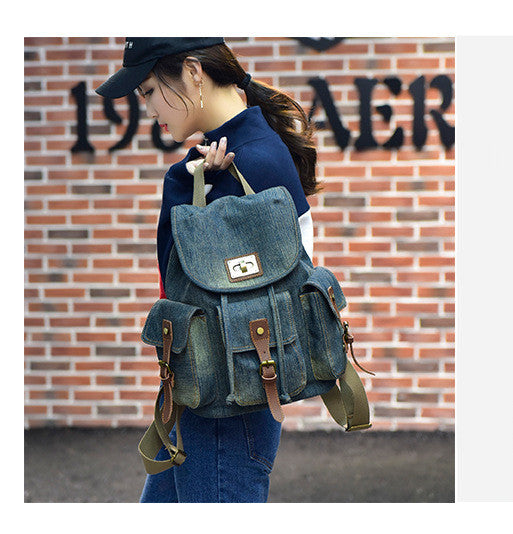 Backpack Retro Denim Backpack Female Drawstring Drawstring Pocket