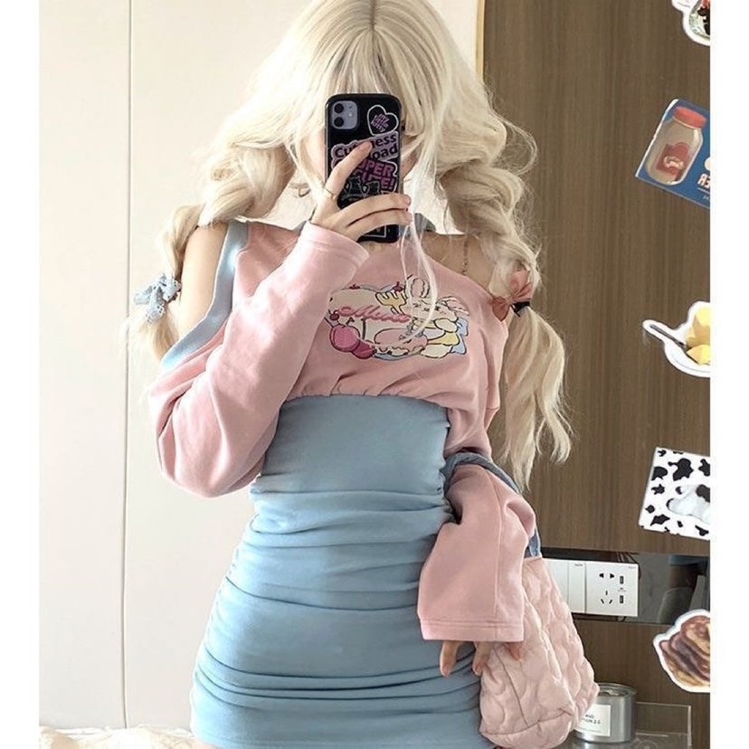 Vestido de cintura adelgazante de manga larga rosa azul para mujer