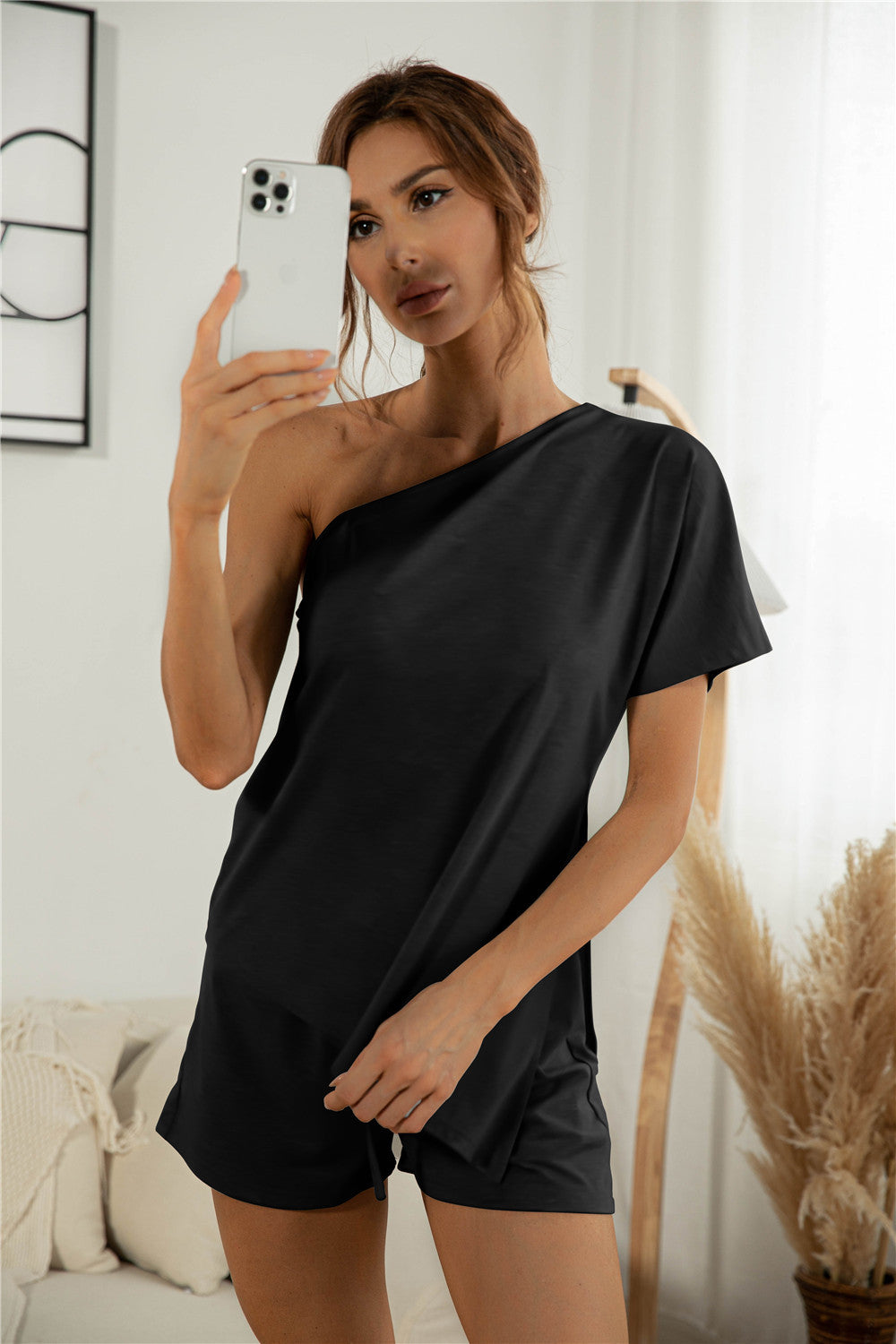 Off-the-shoulder Short Sleeve Sloping-shoulder Off The-shoulder Casual Two-piece Suit