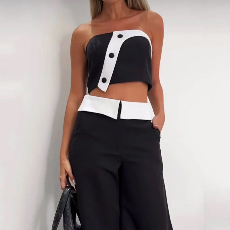 Fashion Hot Girl Vest High Waist Wide Leg Pants Color Matching Suit