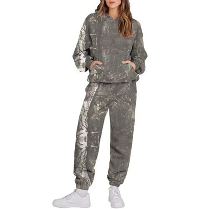 Women's 3 Camouflage Leaves Sports Hooded Long Sleeve Sweatshirt And Sweatpants Sets