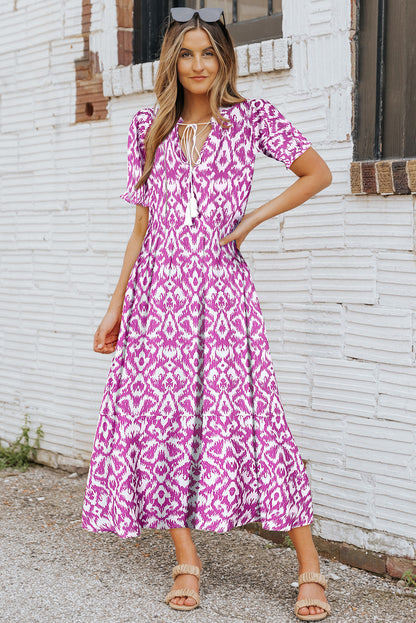 Robe longue décontractée à imprimé géométrique et col en V rose